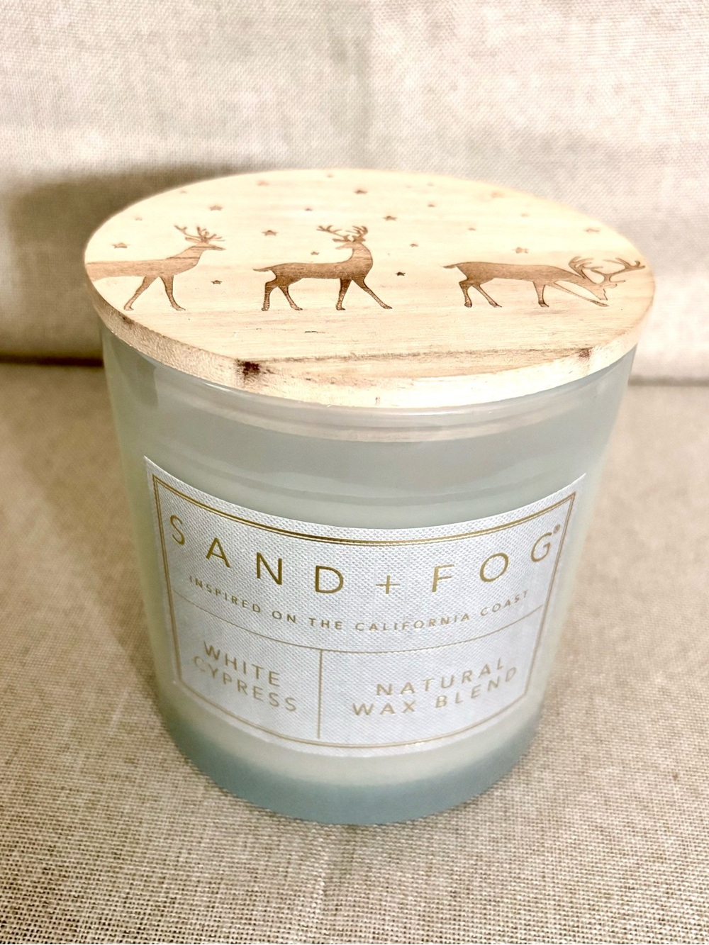Sand + Fog White Cypress Natural Wax Blend 3 Wick Candle  New. 21 ounce